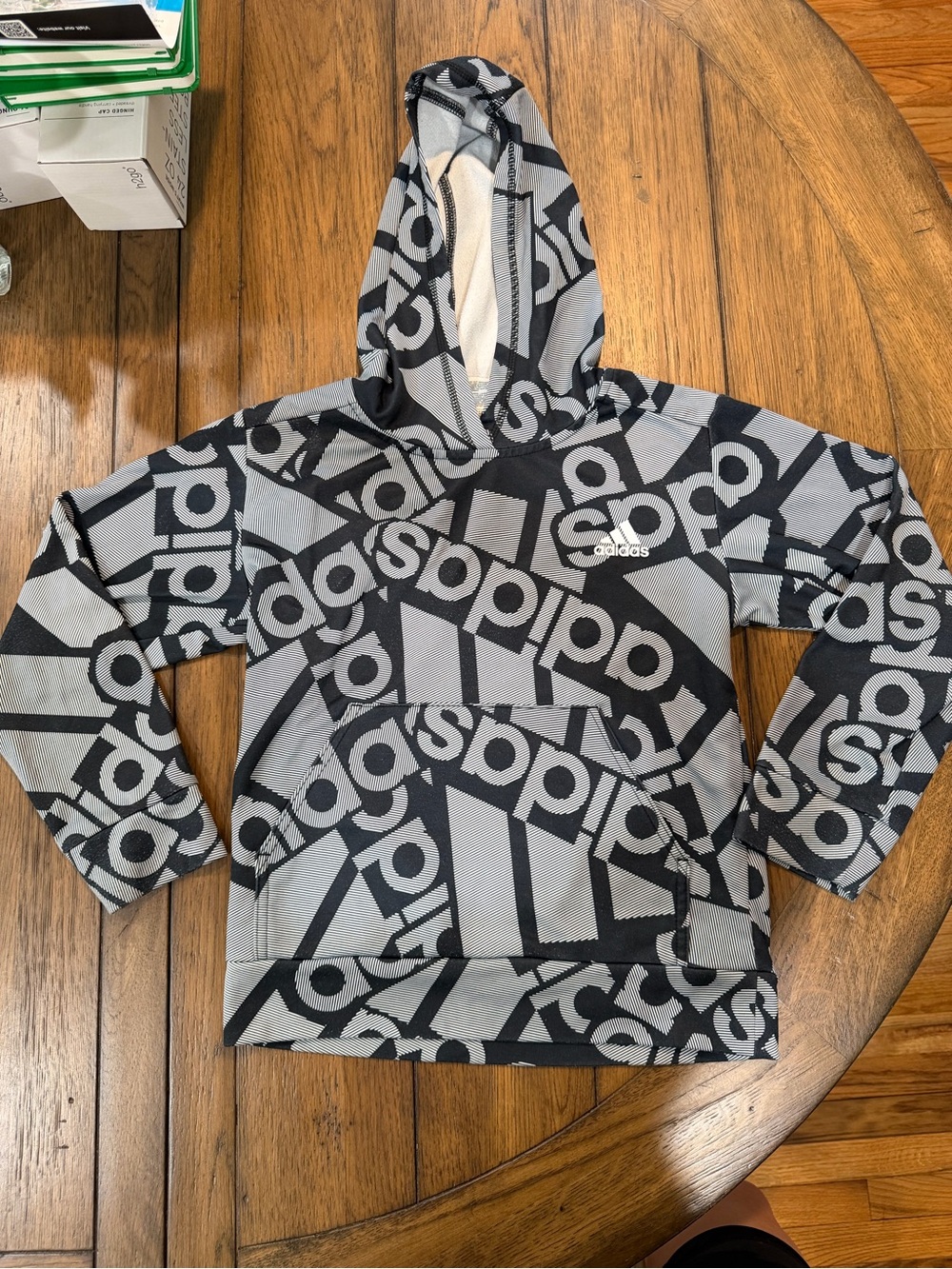 adidas Black & Gray Allover Logo Kids Hoodie - Picture 1 of 6